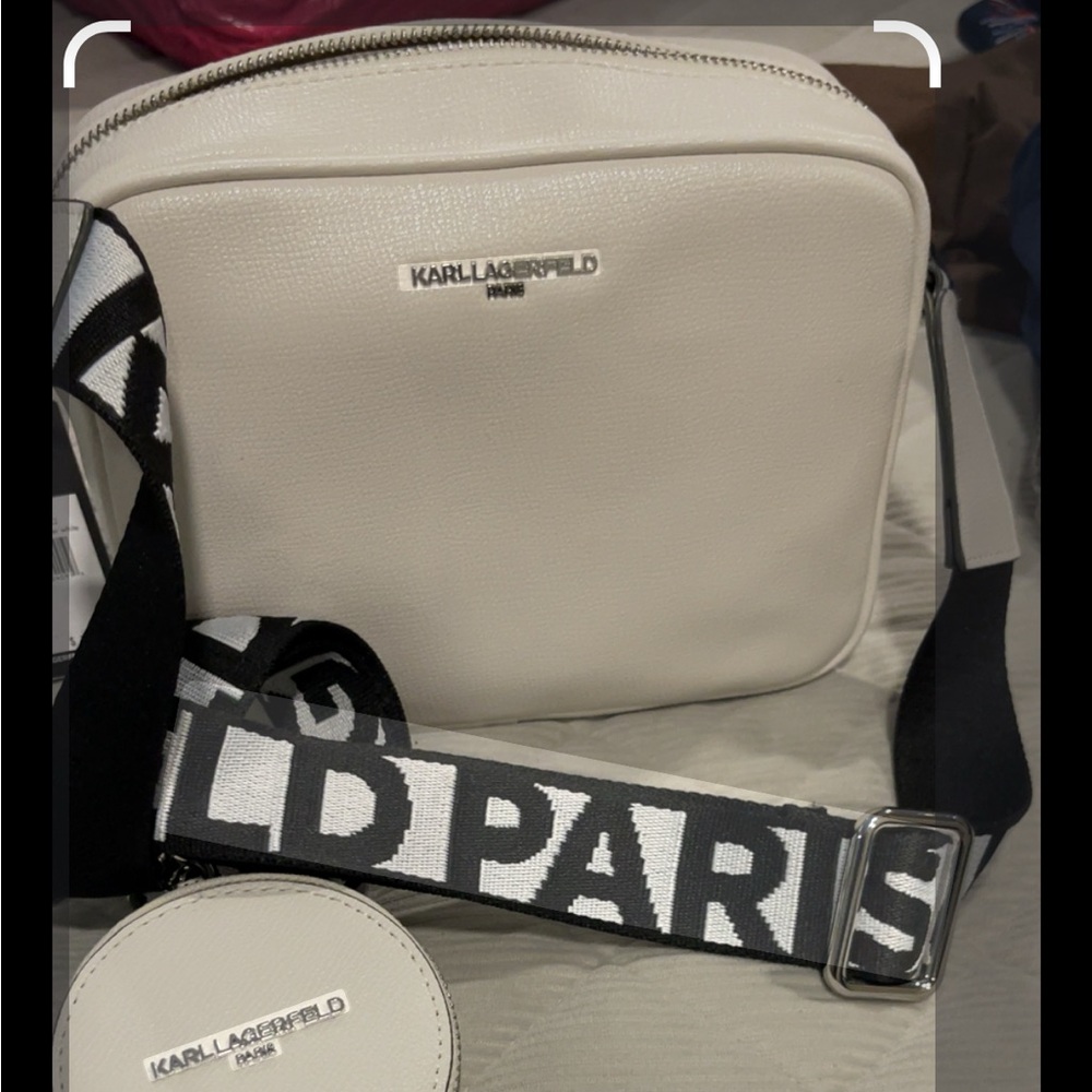 Karl Lagerfeld Cream Messenger Bag with Black and White Strap